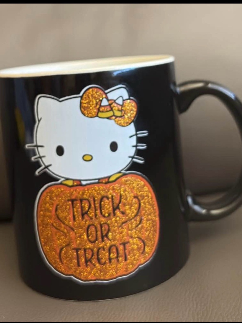 Hello Kitty Black Mug with Glittery Orange Pumpkin & Bow